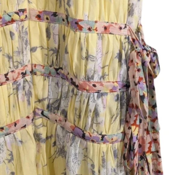 Rebecca Taylor Lemon Rose Goddess Pleat Floral Yellow Ties Midi Dress XS $495 - Picture 8 of 10
